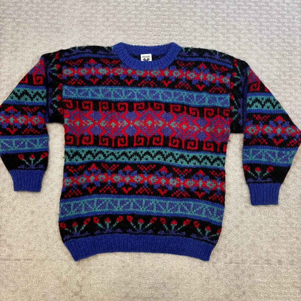 Vintage Icelandic Design Crewneck Knit Sweater Men’s Sz M Nordic Colorful Wool